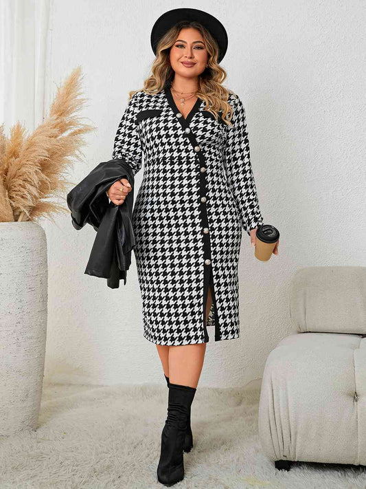 Heather Houndstooth Long Sleeve Slit Dress