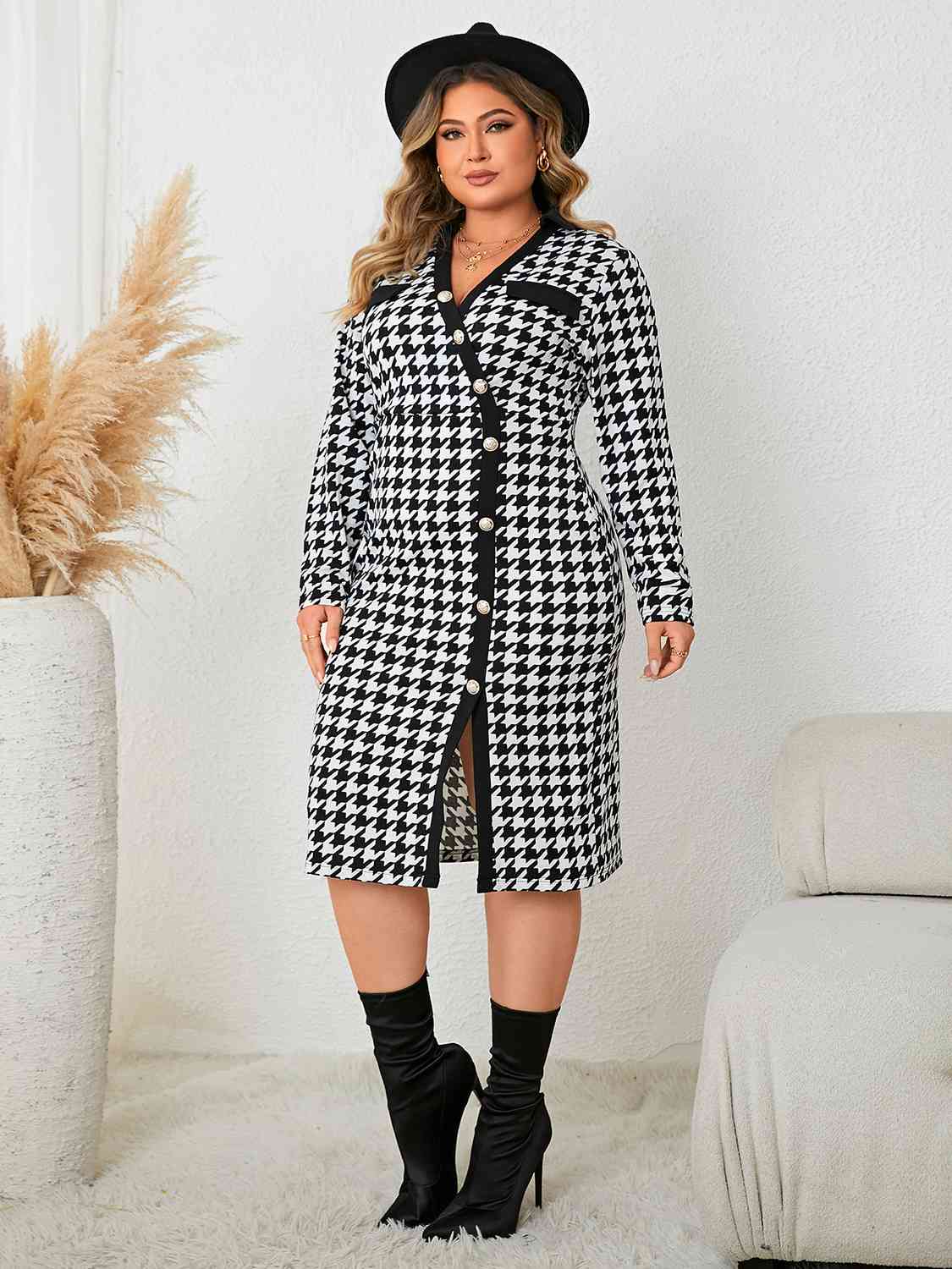 Heather Houndstooth Long Sleeve Slit Dress