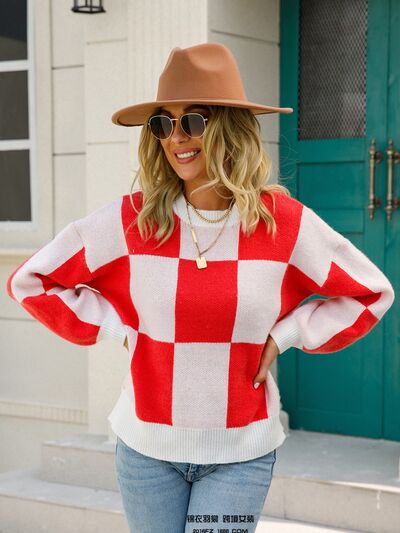 Hannah Checkered Round Neck Dropped Shoulder Sweater