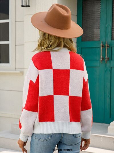Hannah Checkered Round Neck Dropped Shoulder Sweater