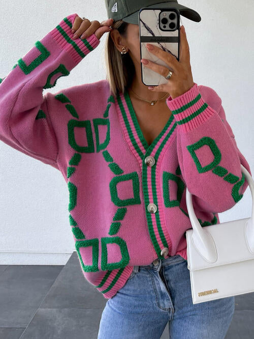 Capri Geometric Dropped Shoulder Button Down Cardigan