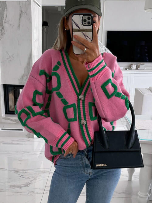 Capri Geometric Dropped Shoulder Button Down Cardigan