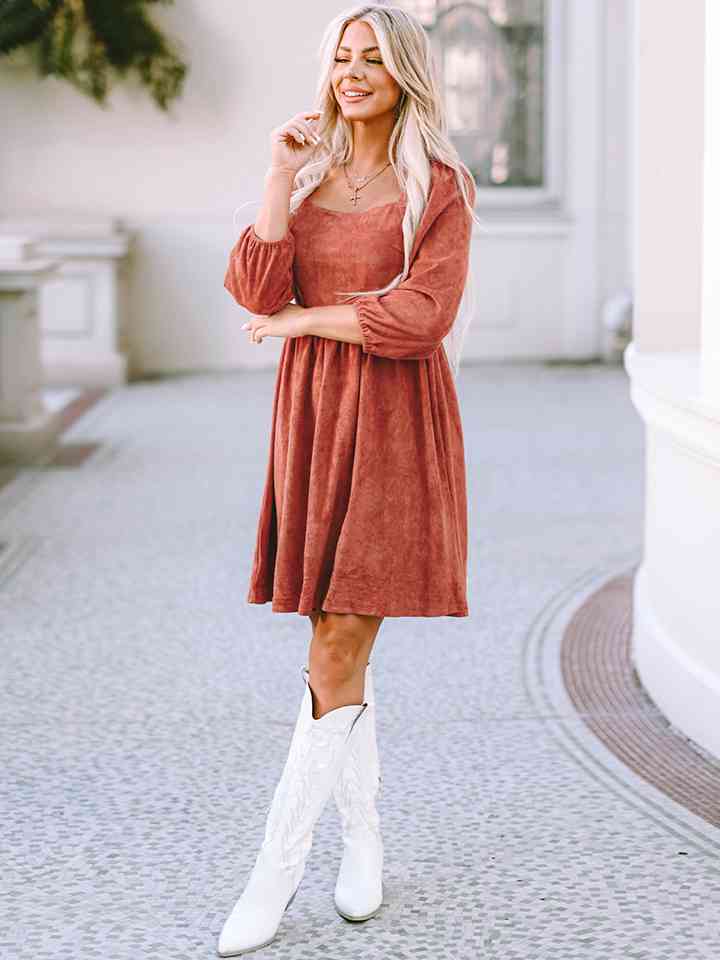 Athena Square Neck Three-Quarter Sleeve Mini Dress