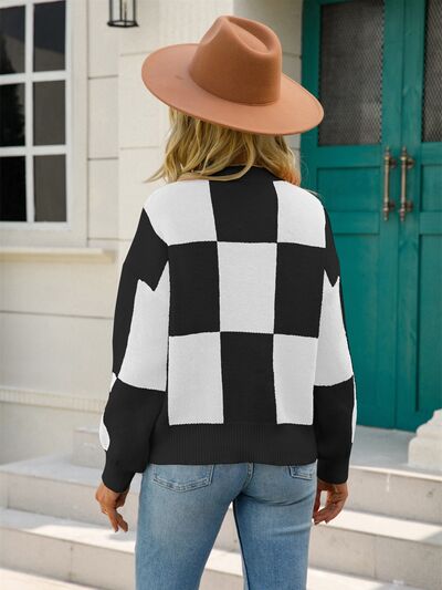 Hannah Checkered Round Neck Dropped Shoulder Sweater
