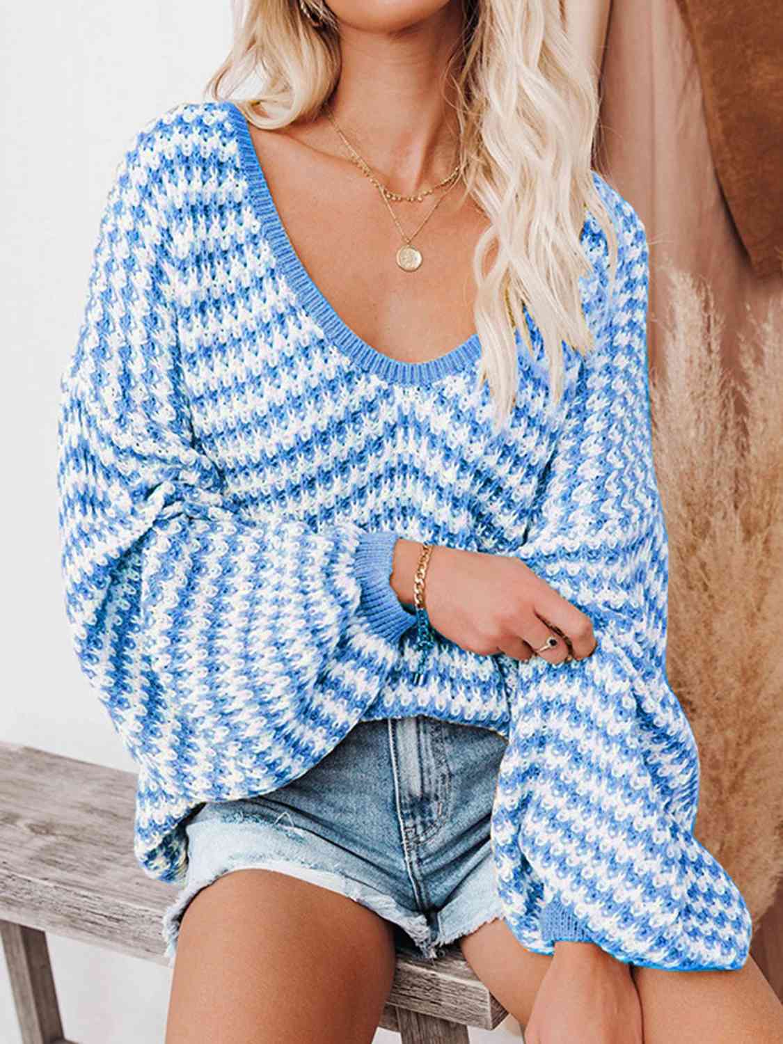 Carmen Striped Drop Shoulder V-Neck Sweater