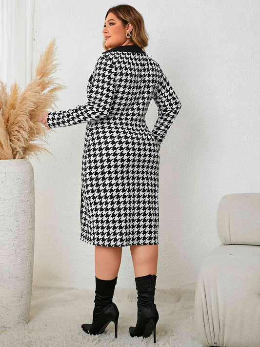 Heather Houndstooth Long Sleeve Slit Dress