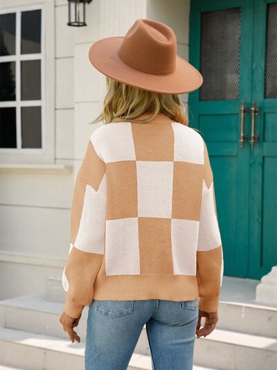 Hannah Checkered Round Neck Dropped Shoulder Sweater