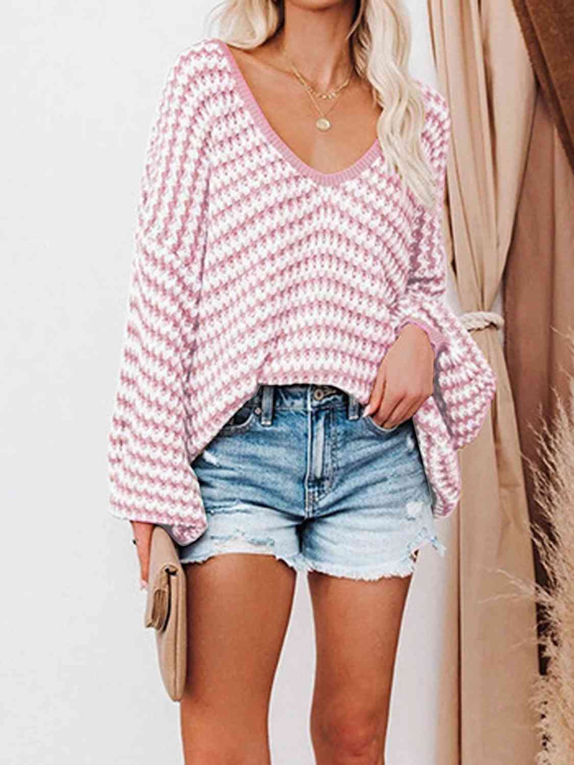 Carmen Striped Drop Shoulder V-Neck Sweater