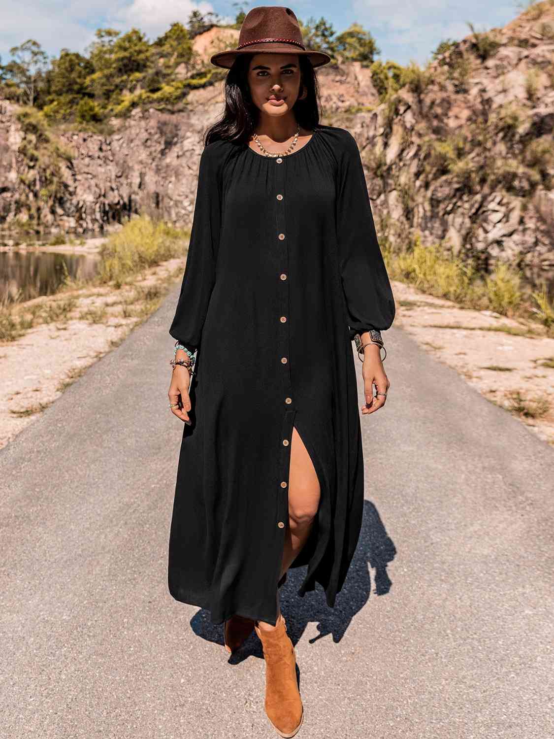 chinese dress ladies Ava Long Sleeve Round Neck Dress – Emma Bleu