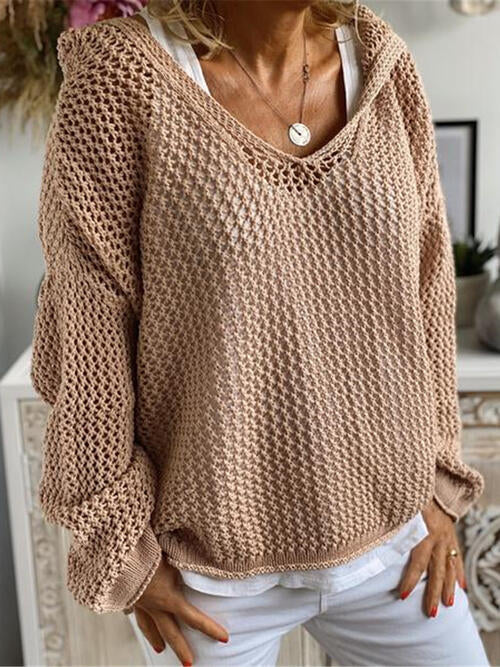 Alicia Openwork Hooded Long Sleeve Sweater