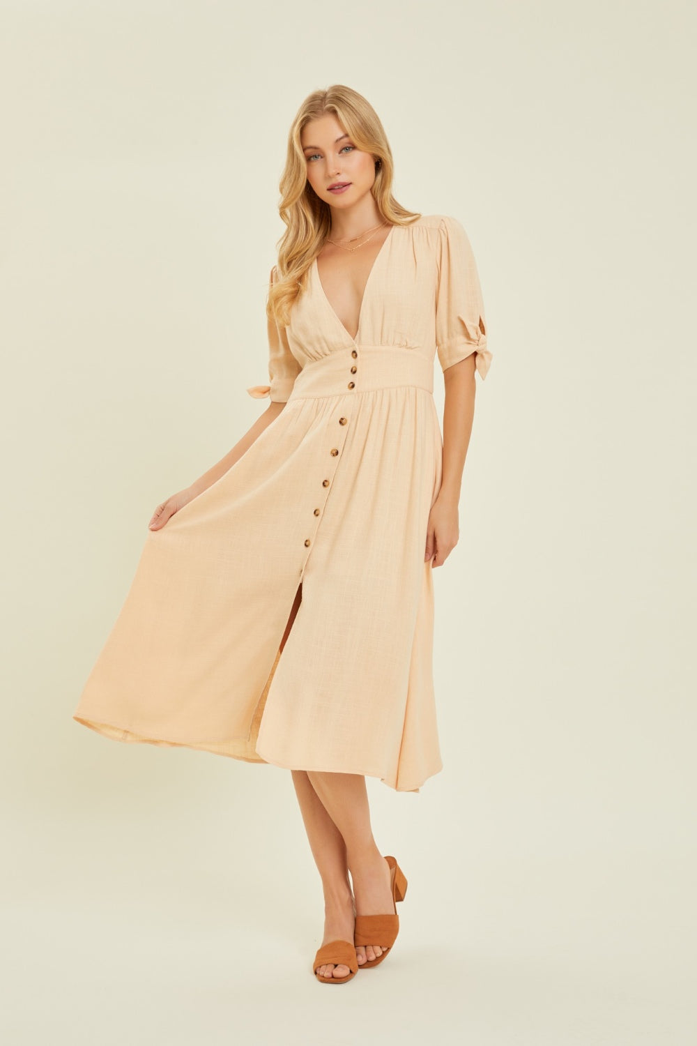 Sonya Textured Linen V-Neck Button-Down Midi Dress