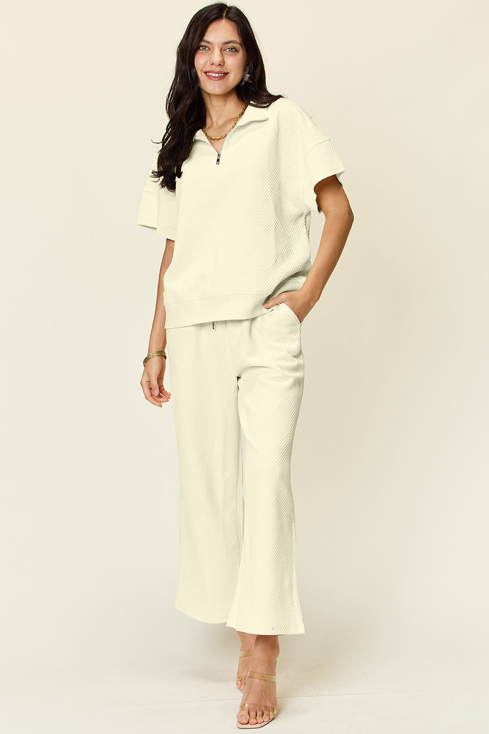 Palmer Texture Half Zip Short Sleeve Top and Pants Set