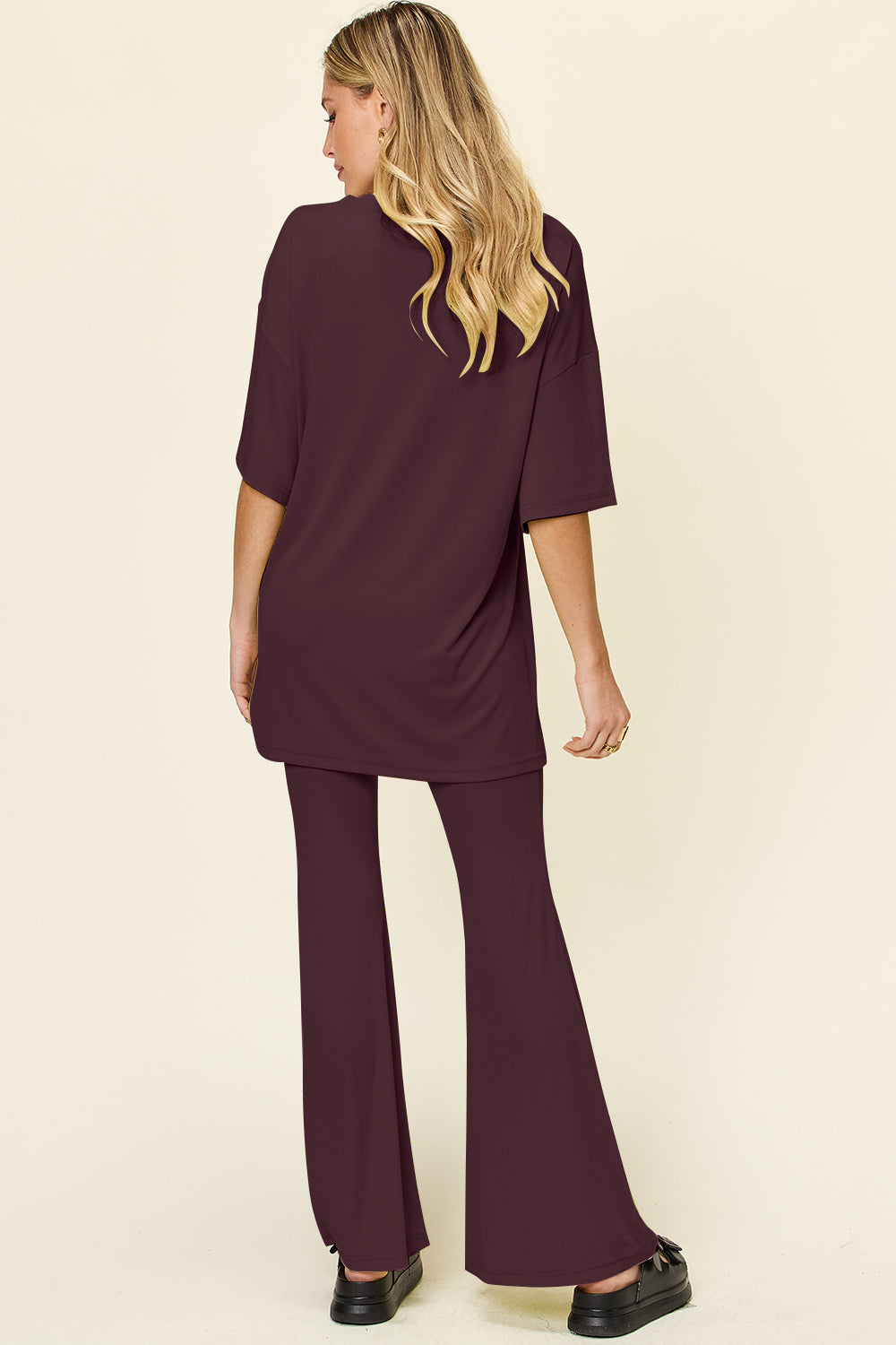 Brecklyn Round Neck Drop Shoulder T-Shirt and Flare Pants Set