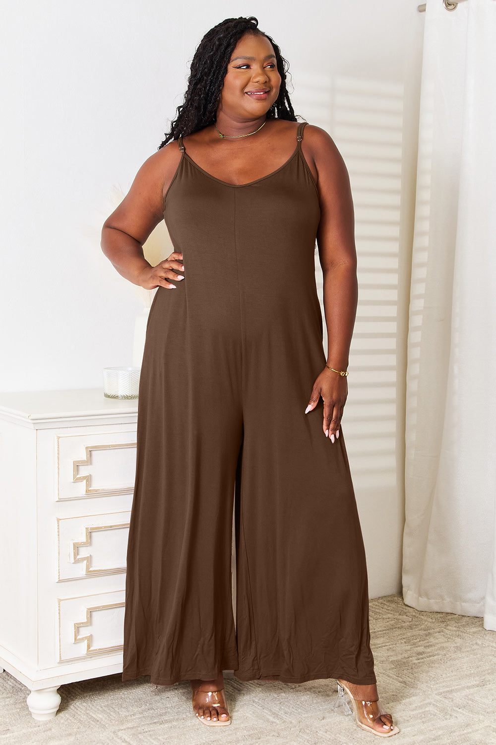 Sadie Soft Rayon Spaghetti Strap Tied Wide Leg Jumpsuit