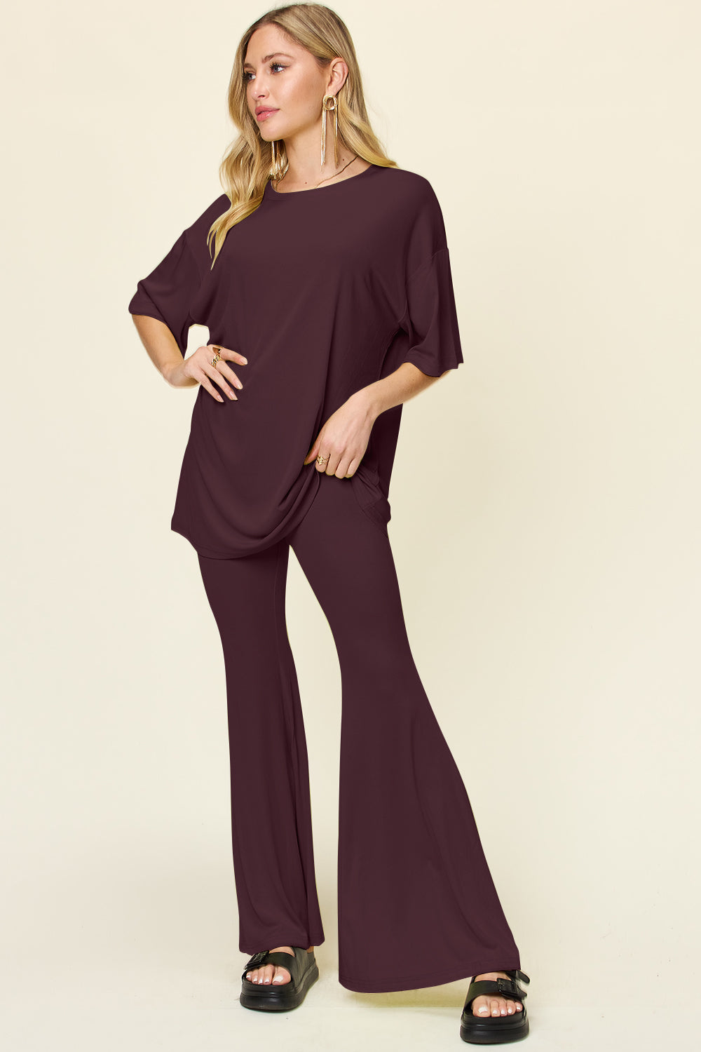 Brecklyn Round Neck Drop Shoulder T-Shirt and Flare Pants Set