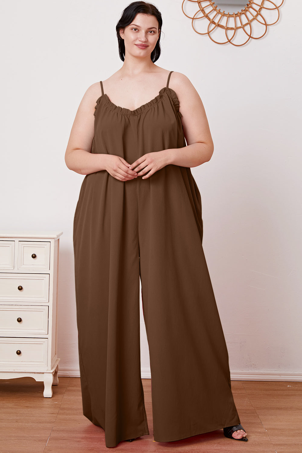 Ruffle Trim Tie Back Cami Jumpsuit with Pockets