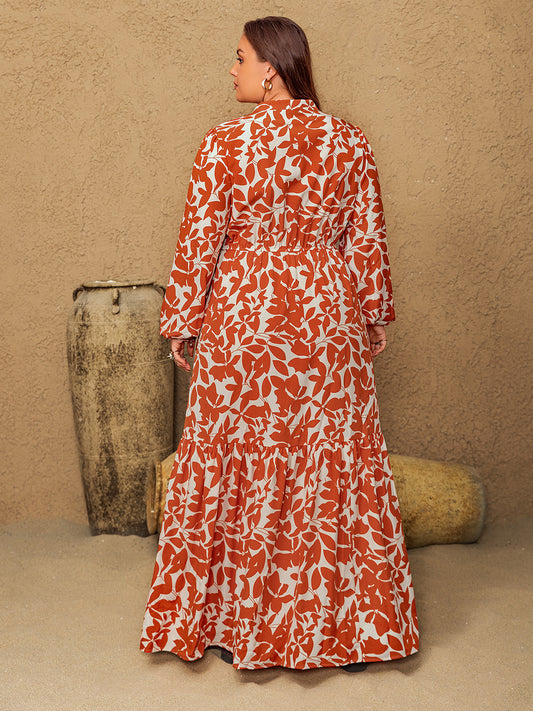 Printed Notched Long Sleeve Maxi Dress