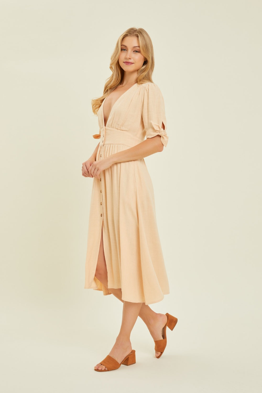 Sonya Textured Linen V-Neck Button-Down Midi Dress