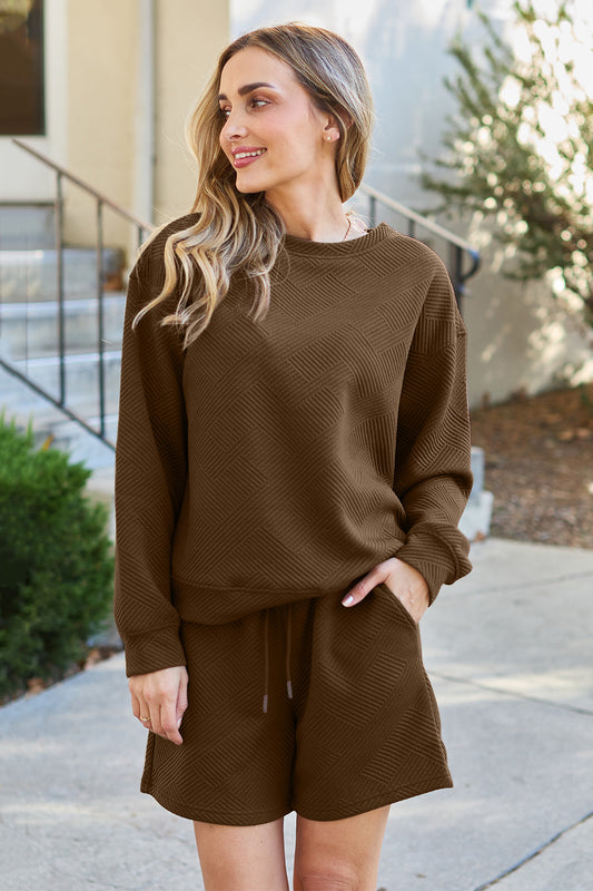 Lydia Texture Long Sleeve Top and Drawstring Shorts Set