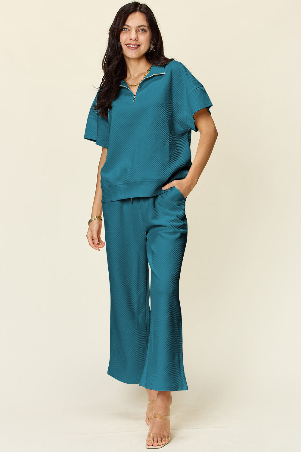 Palmer Texture Half Zip Short Sleeve Top and Pants Set