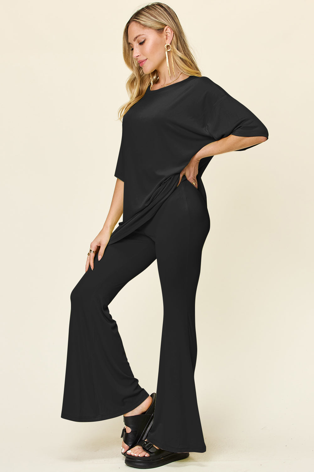Brecklyn Round Neck Drop Shoulder T-Shirt and Flare Pants Set