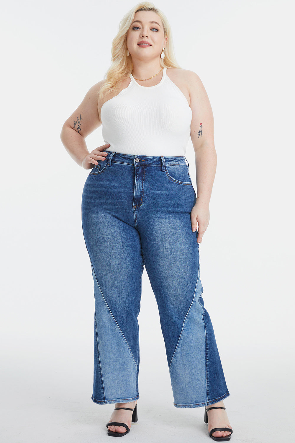 BAYEAS High Waist Two-Tones Patched Wide Leg Jeans