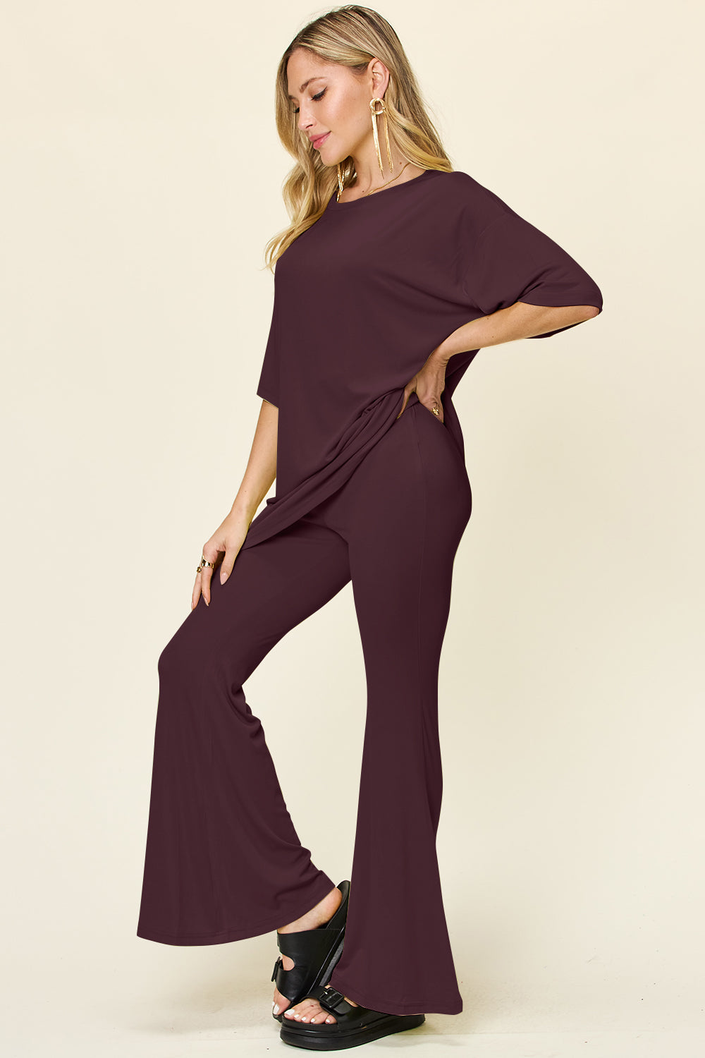 Brecklyn Round Neck Drop Shoulder T-Shirt and Flare Pants Set