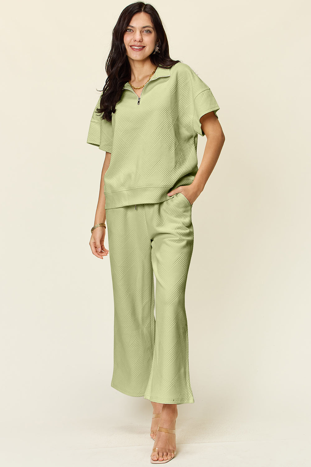 Palmer Texture Half Zip Short Sleeve Top and Pants Set