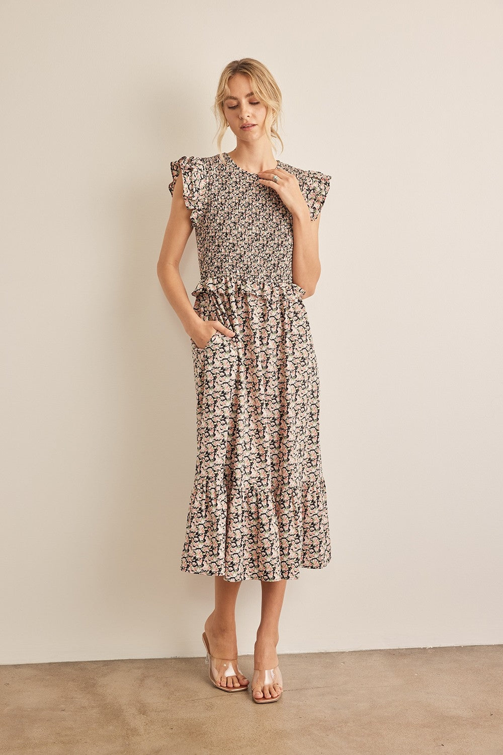 Luna Floral Smocked Ruffled Midi Dress