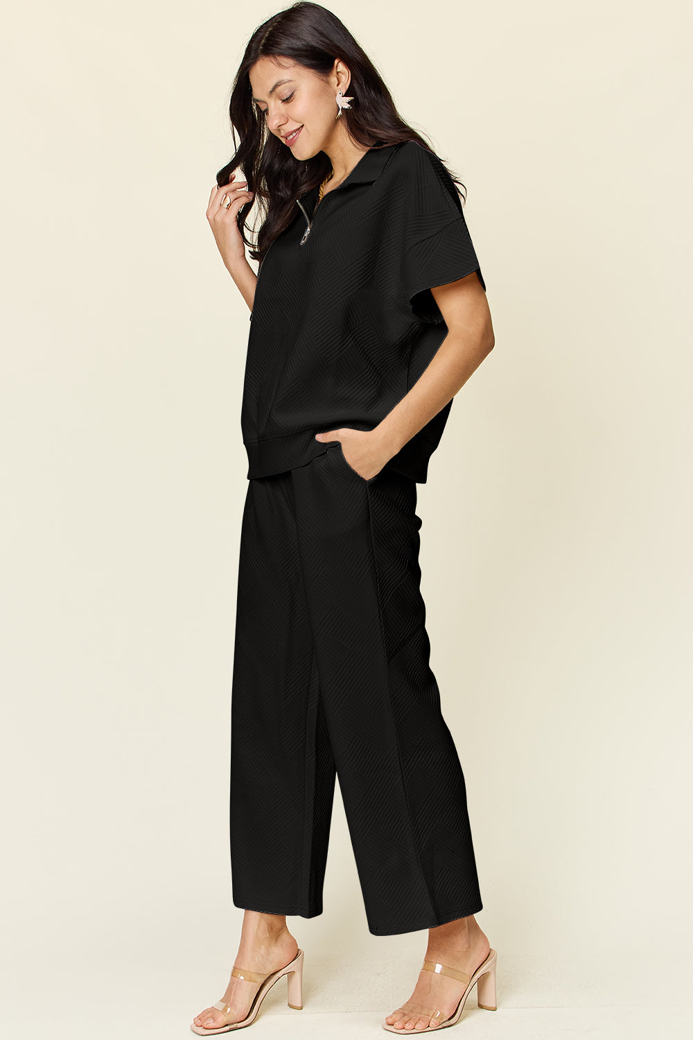 Palmer Texture Half Zip Short Sleeve Top and Pants Set