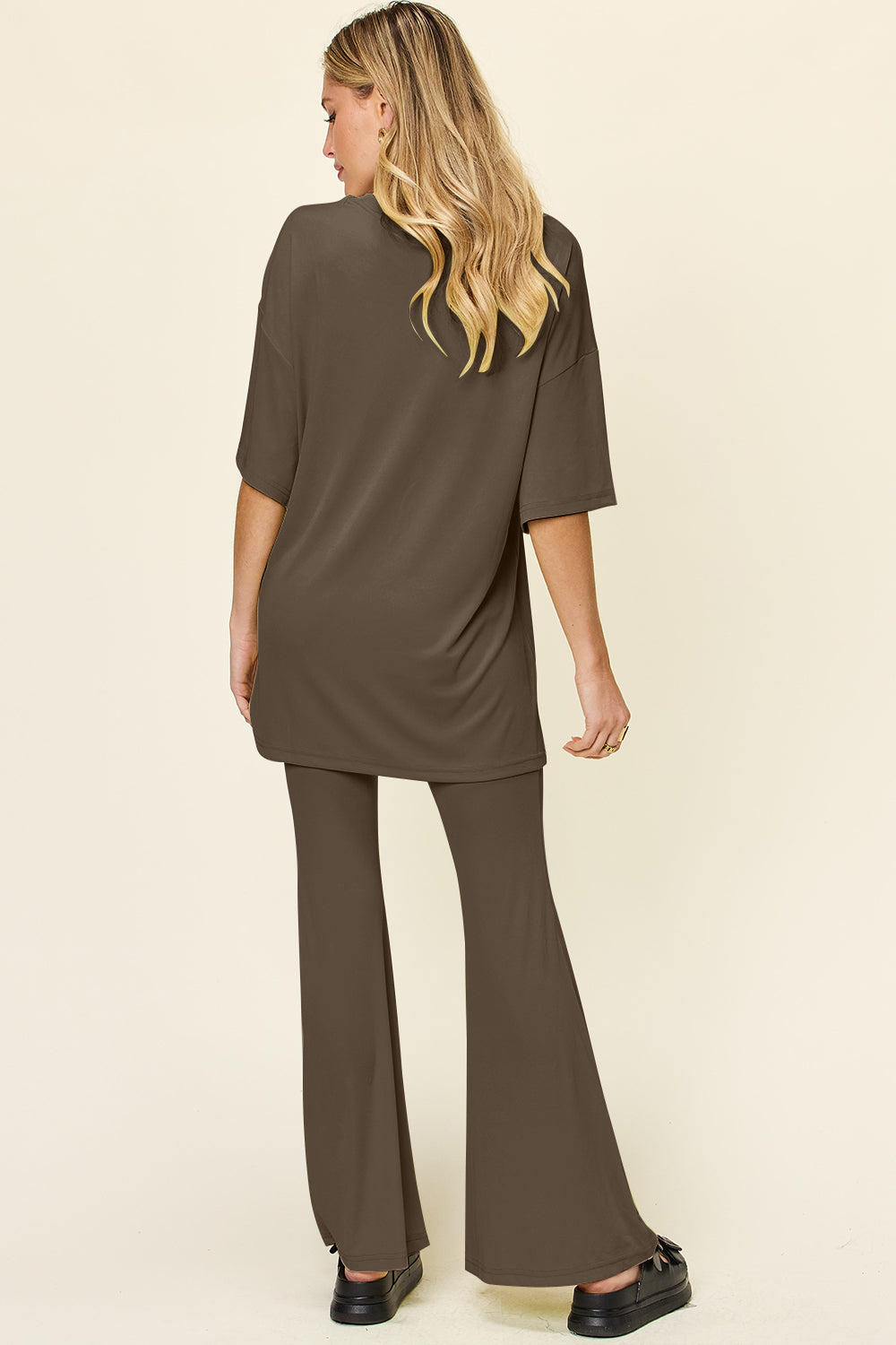 Brecklyn Round Neck Drop Shoulder T-Shirt and Flare Pants Set
