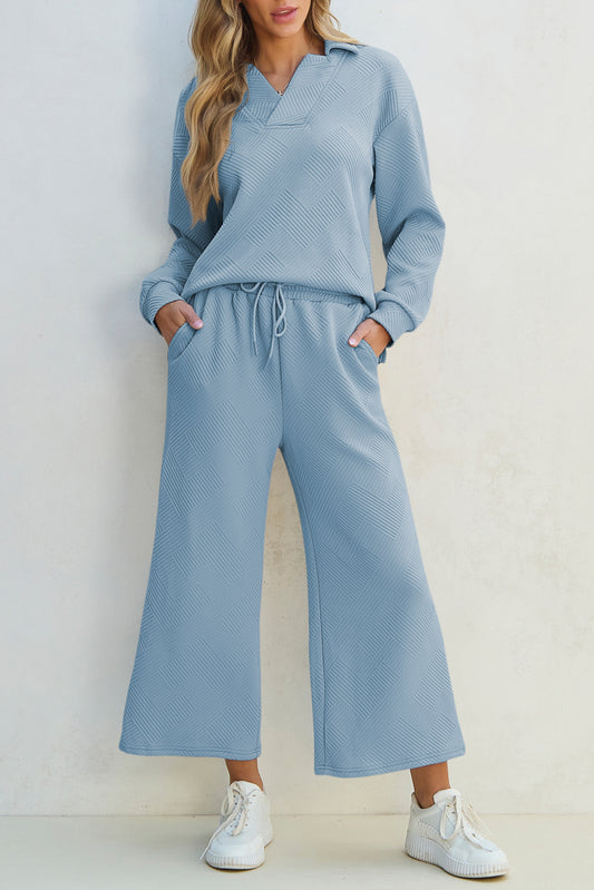 Stephanie Textured Collared Neck Top and Wide Leg Pants Set