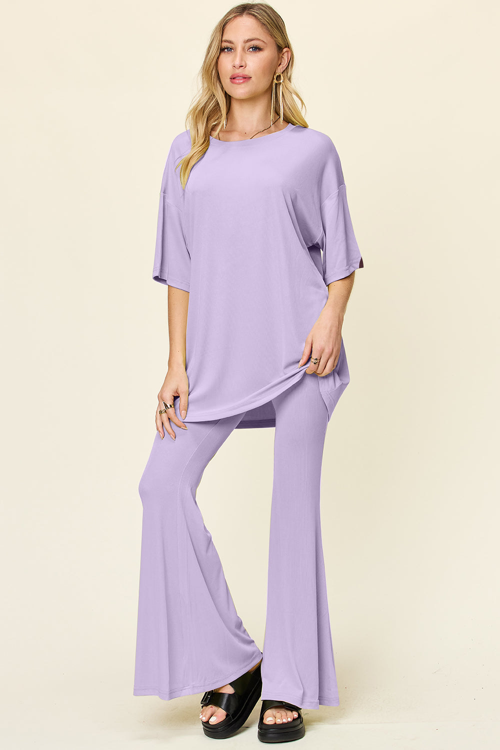 Brecklyn Round Neck Drop Shoulder T-Shirt and Flare Pants Set
