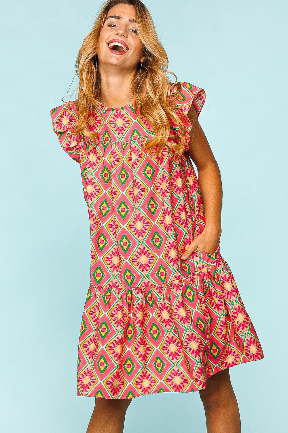 Haven Ruffled Printed Dress with Side Pockets