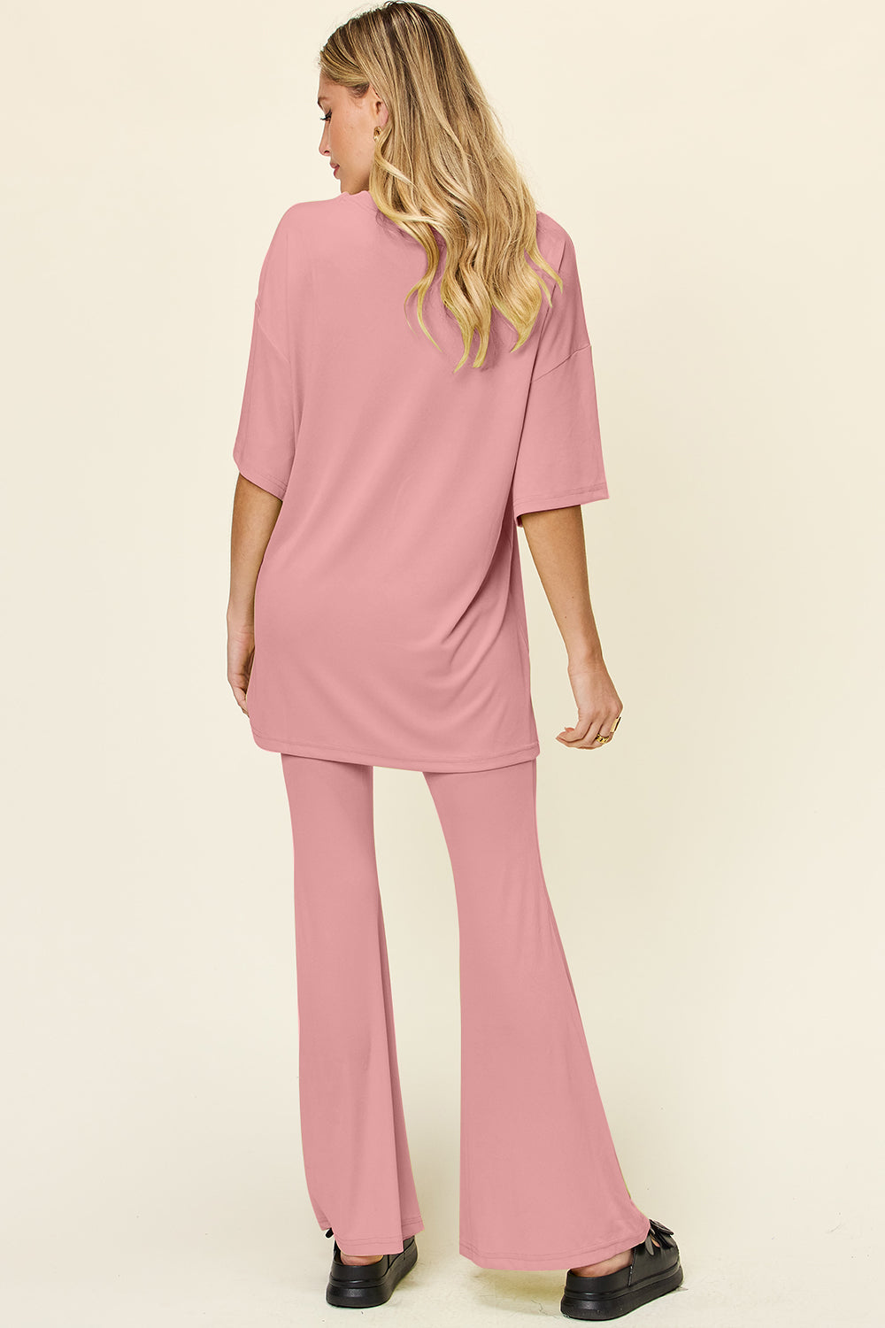Brecklyn Round Neck Drop Shoulder T-Shirt and Flare Pants Set