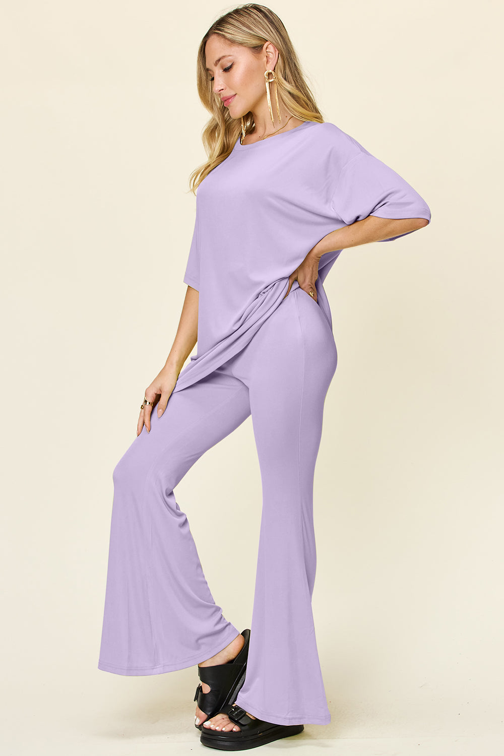 Brecklyn Round Neck Drop Shoulder T-Shirt and Flare Pants Set