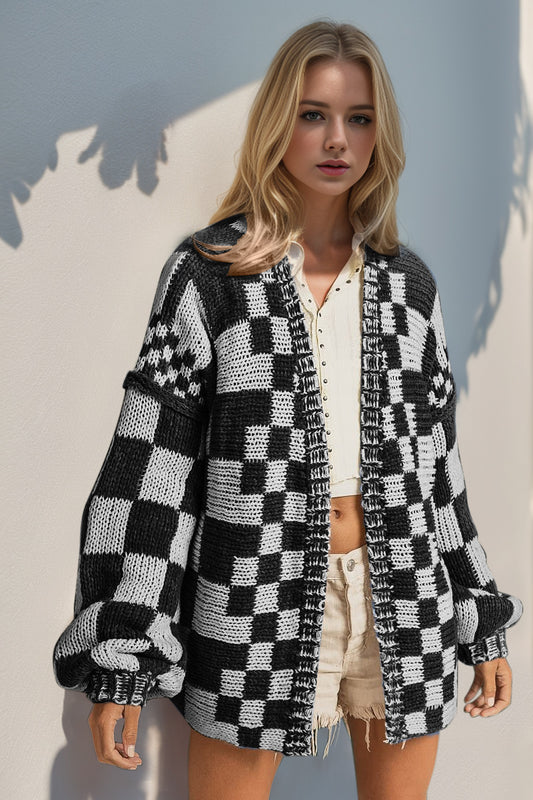 Checkered Drop Shoulder Cardigan