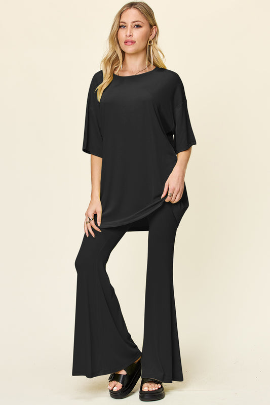 Brecklyn Round Neck Drop Shoulder T-Shirt and Flare Pants Set