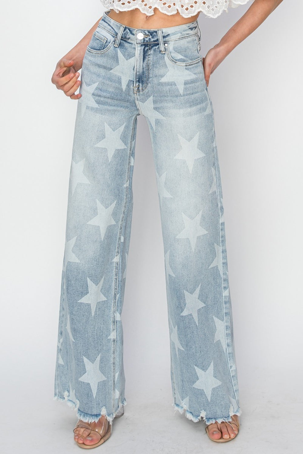 RISEN Raw Hem Star Wide Leg Jeans