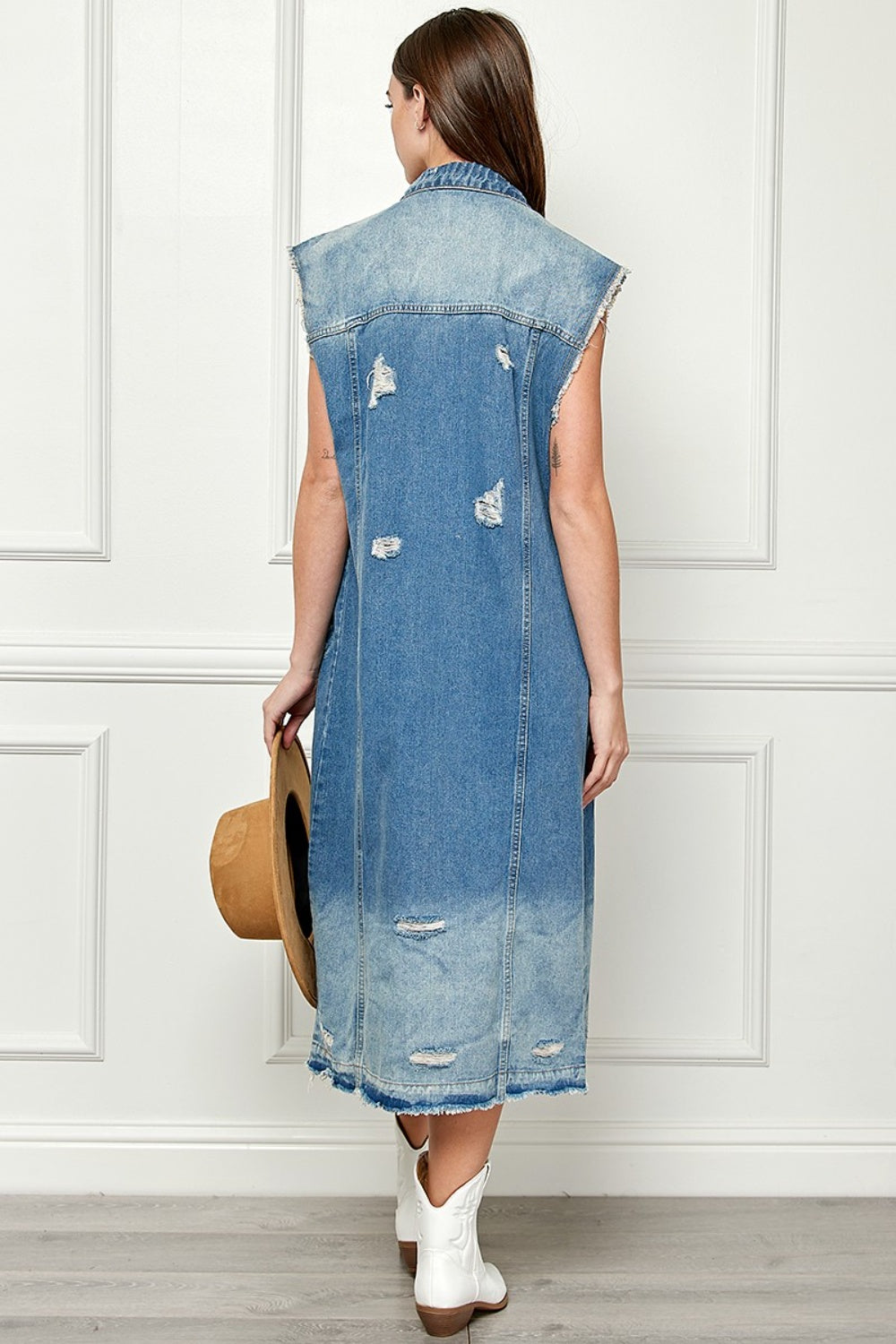 Distressed Sleeveless Longline Denim Jacket