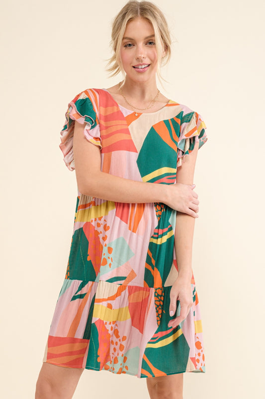 Alana Printed Double Ruffle Sleeve Dress