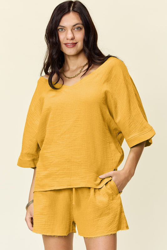Daphne Texture Half Sleeve T-Shirt and Drawstring Shorts Set