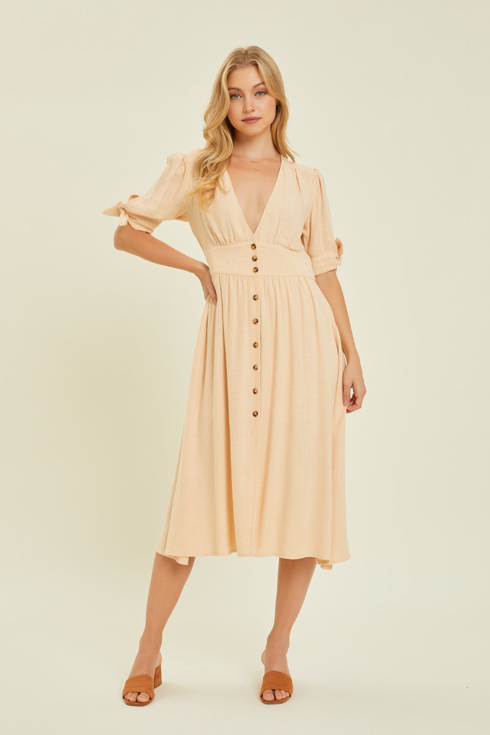 Sonya Textured Linen V-Neck Button-Down Midi Dress