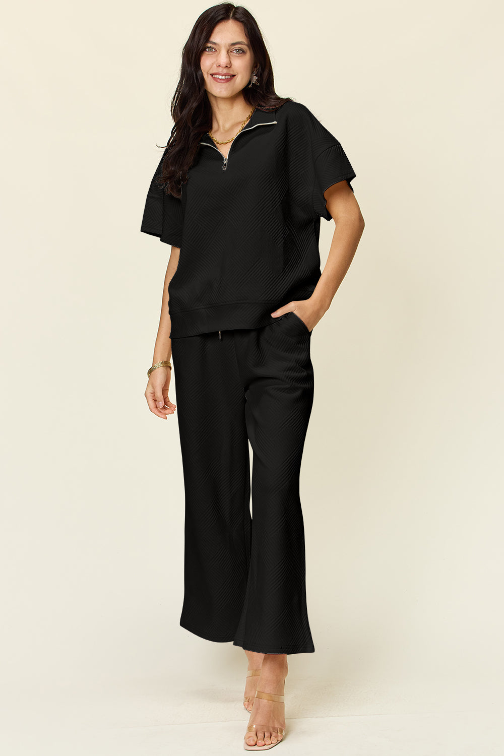 Palmer Texture Half Zip Short Sleeve Top and Pants Set