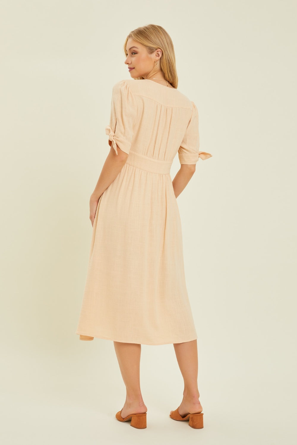 Sonya Textured Linen V-Neck Button-Down Midi Dress