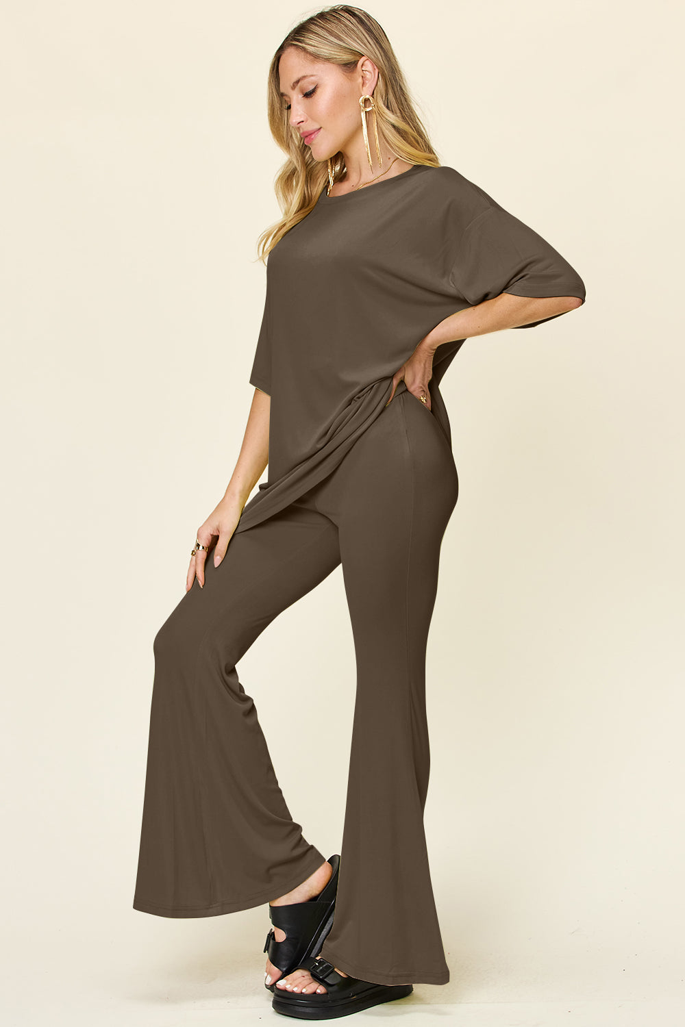 Brecklyn Round Neck Drop Shoulder T-Shirt and Flare Pants Set
