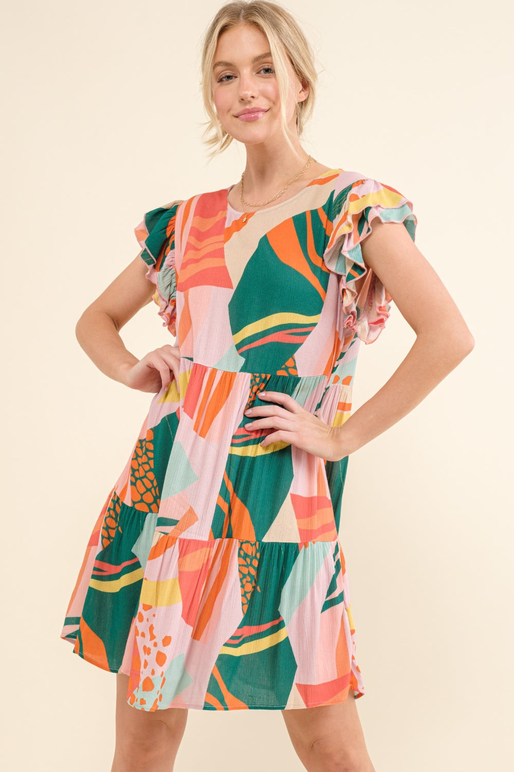 Alana Printed Double Ruffle Sleeve Dress