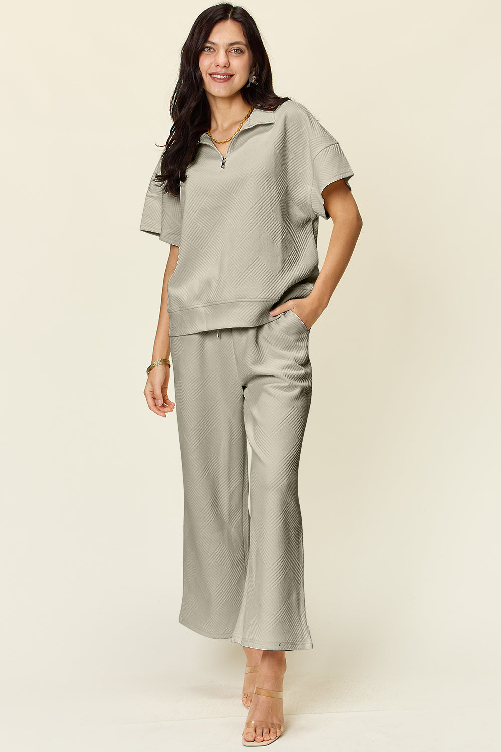 Palmer Texture Half Zip Short Sleeve Top and Pants Set