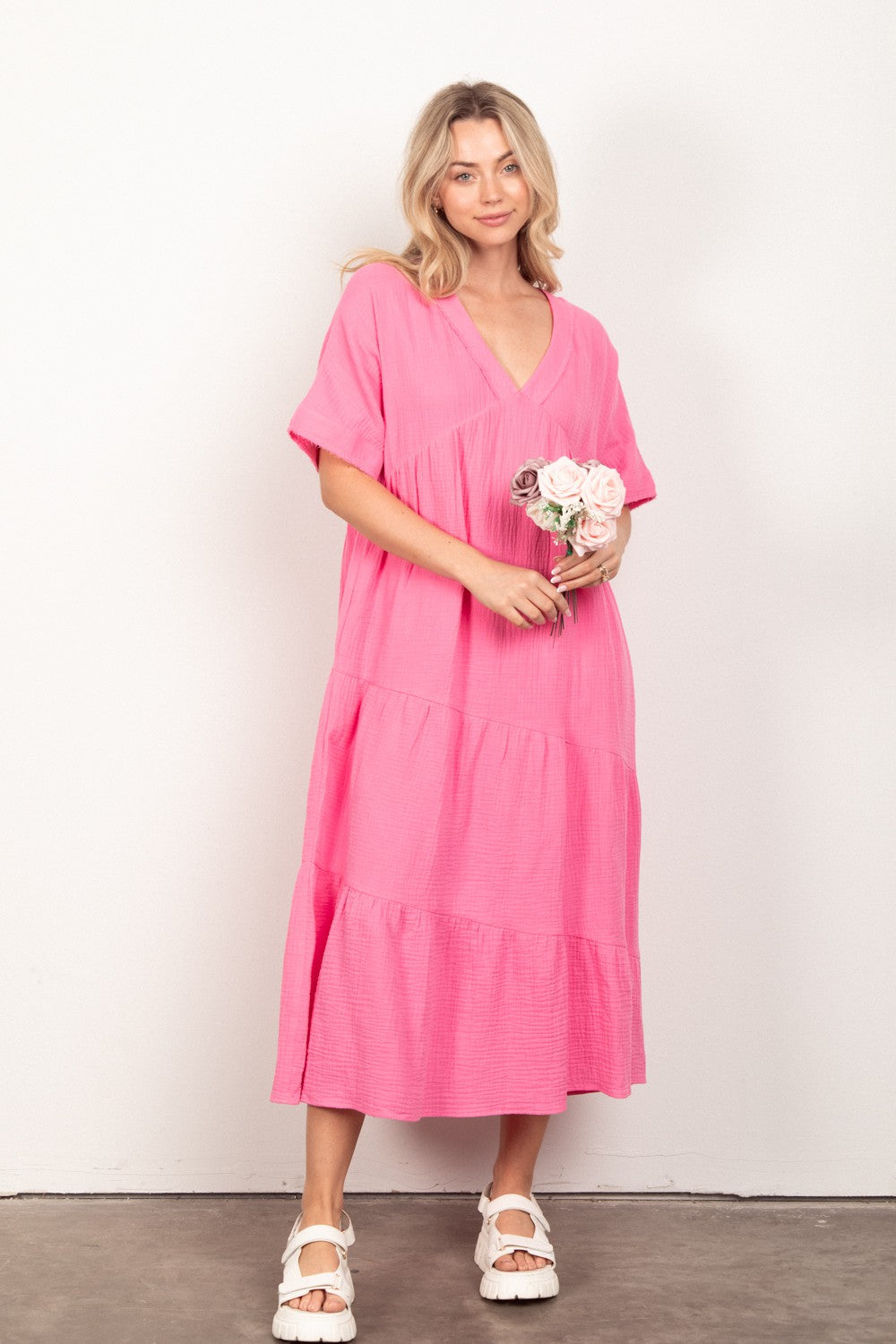 Mia Crinkle Gauze Short Sleeve Midi Dress