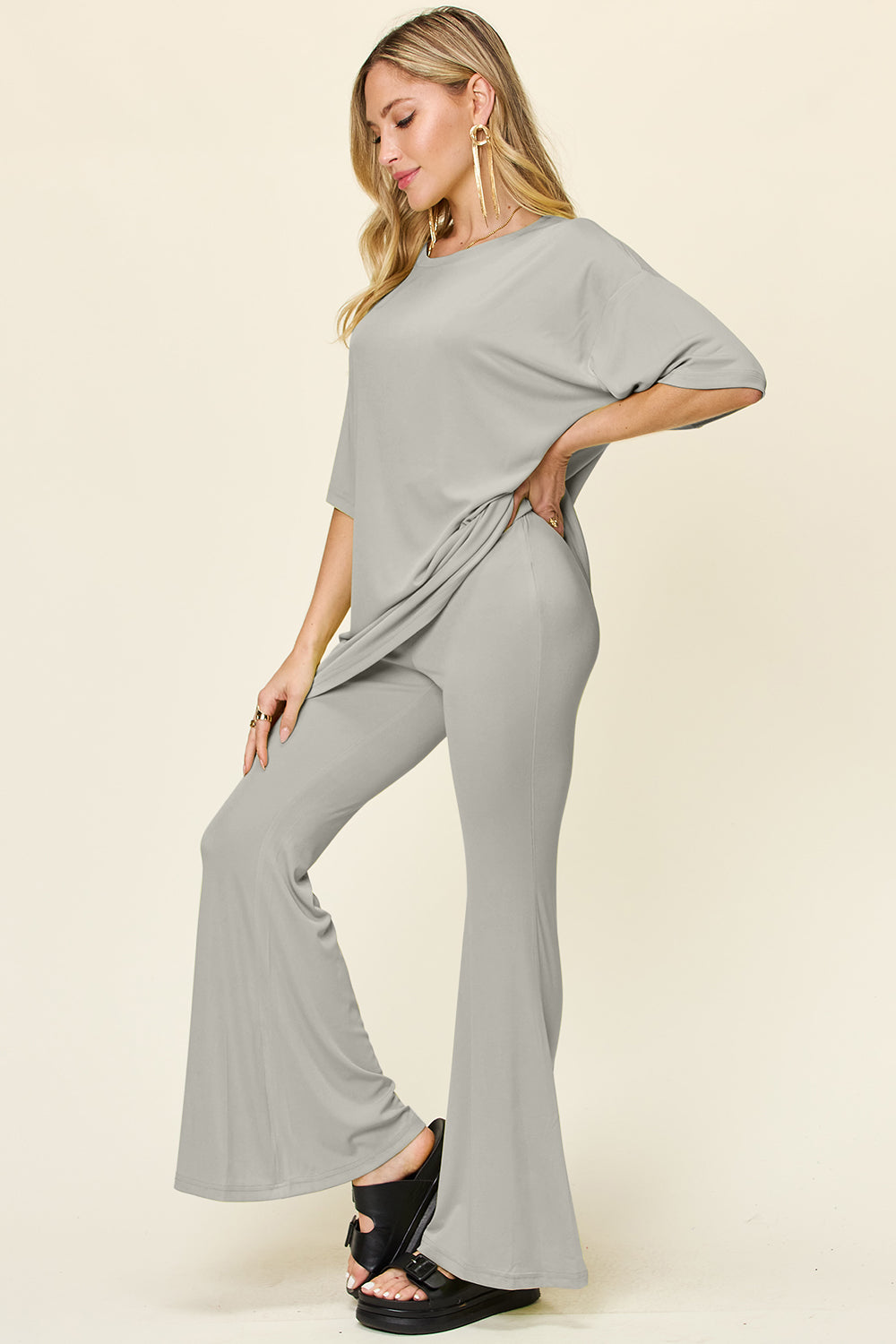 Brecklyn Round Neck Drop Shoulder T-Shirt and Flare Pants Set